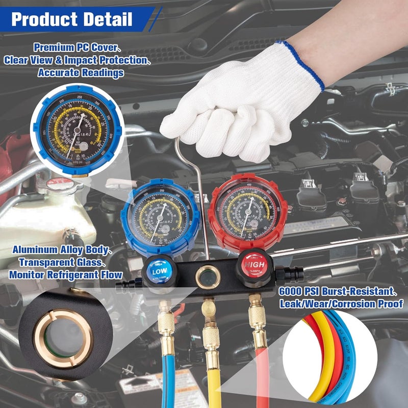 AJulyBee 3-Way Manifold Gauge Set, Automotive AC Recharge Kit for R134A/R410A/R1234YF/R22/R404A, Refrigerant Charging Tool for Car Freon Charging & Evacuation - Image 5